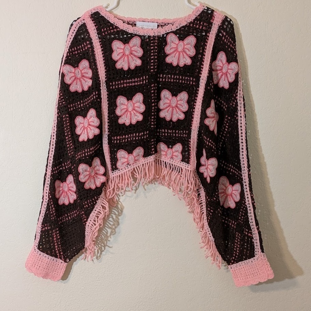 House of Harlow 1960 Crochet Bow Fringe Crop Top Poncho Brown Pink One Size - Picture 1 of 7